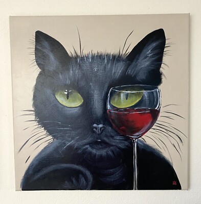 Original Acryl Leinwand Gemälde Schwarze Katze Gesicht Rotweinglas von Ilona Winter
