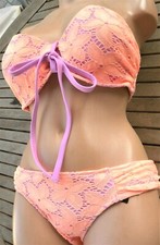 victorias secret Rare Vintage Bikini   set 36D S lace strapless Pushup Peach