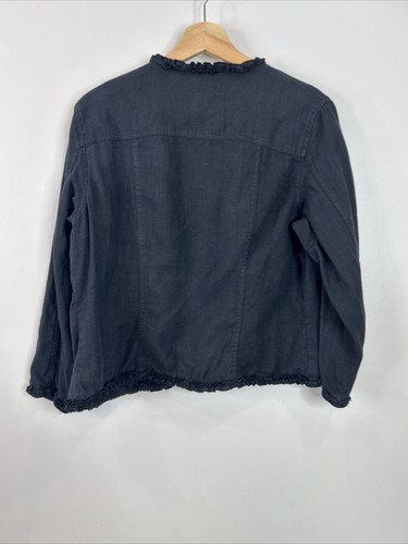 Chico’s Women’s 1 Black Linen Open Front Long Sleeve Ruffle Trim Jacket - Picture 8 of 10