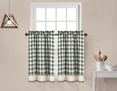2 Piece Buffalo Check Plaid Gingham Crochet Trim Window Curtain Tier Panel Set