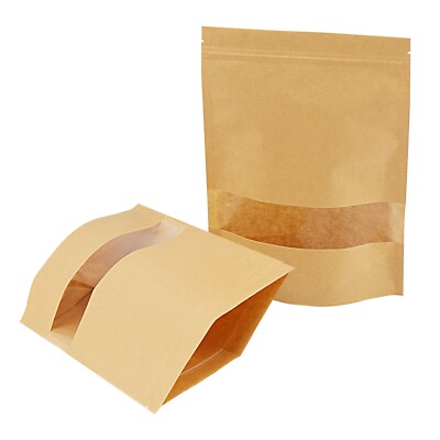 150 PCS Stand Up Pouch Kraft Paper Bag With Window & Resealable Zip Lock