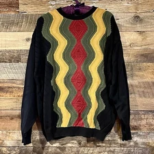 Tosani Mens Vintage Black Sweater Retro 80 90 Streetwear Zigzag Coogi Design 2XL
