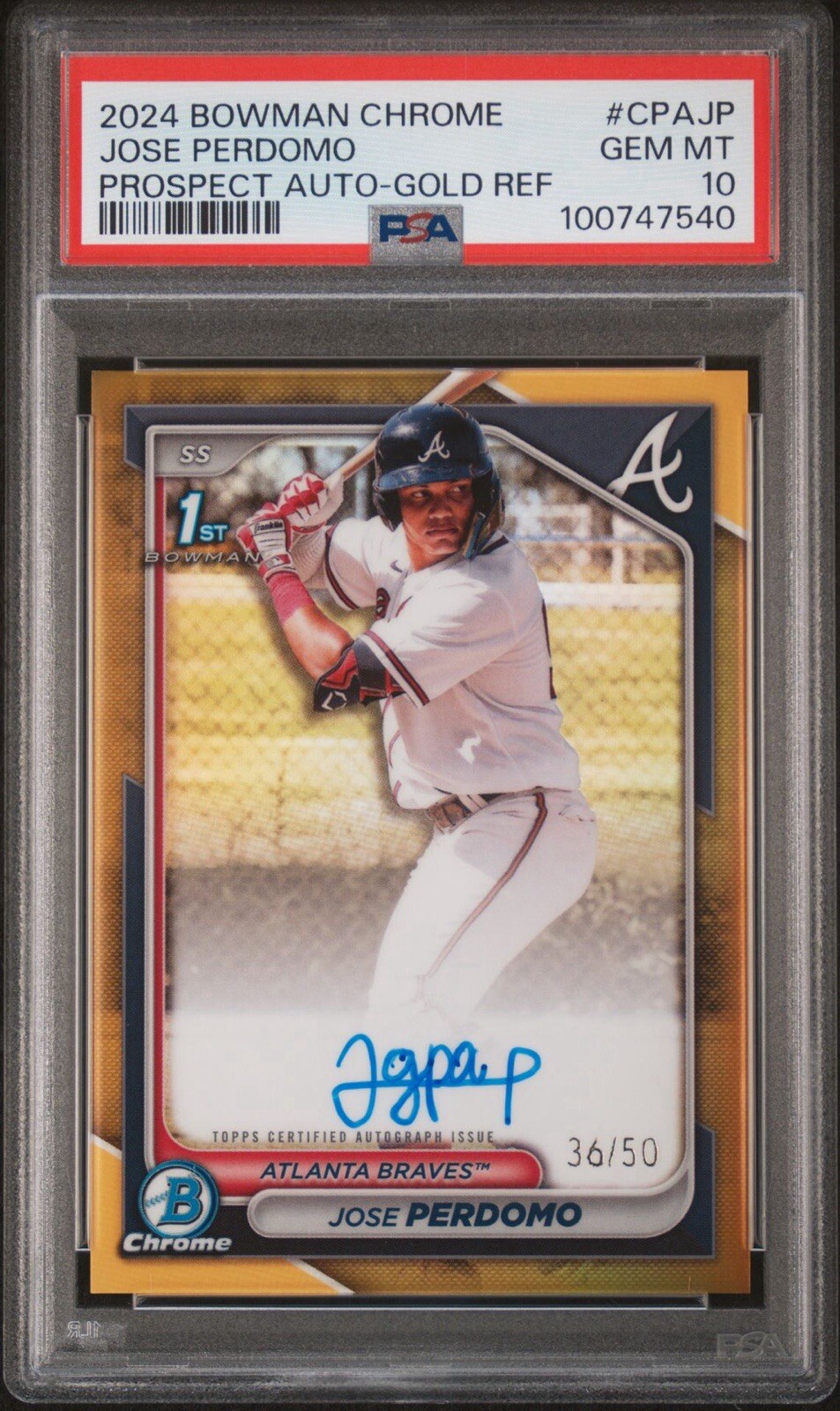 Jose Perdomo 2024 Bowman Chrome CPAJP Gold Refractor Auto #/50 PSA 10 Braves