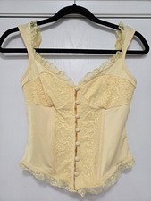Lace Panel Boning Corset Crop Tank Top Womens M Yellow Front Button Sweetheart
