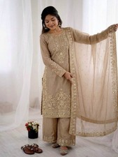 Attractive Beige Pure Silk Top Palazzo With Dupatta For Women Function Wear