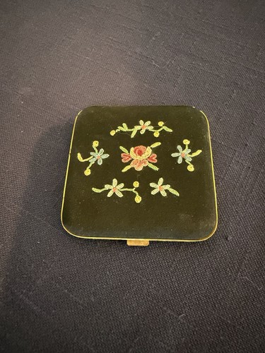 Vintage French Powder Compact With Needlepoint Floral Embroidered top