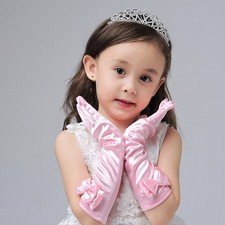 1 Set of 3 Pairs Girls Satin Dress Up Gloves Wedding Bow Party Gloves for Kids