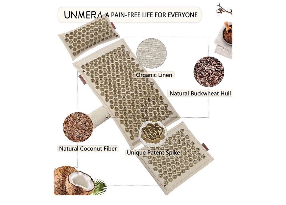 Juego de alfombrilla y almohada de acupresión UNMERA, lino natural premium y fibra de coco. Foto 4 de 4