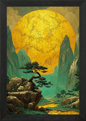 Golden Moon Asiatische Landschaft mit Bo Gerahmtes Wandbild Poster Leinwanddruck Bild