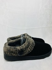 Clarks Women's Slip-On Slippers Knit Cuff Button Faux Fur Leather Black Brown 7M