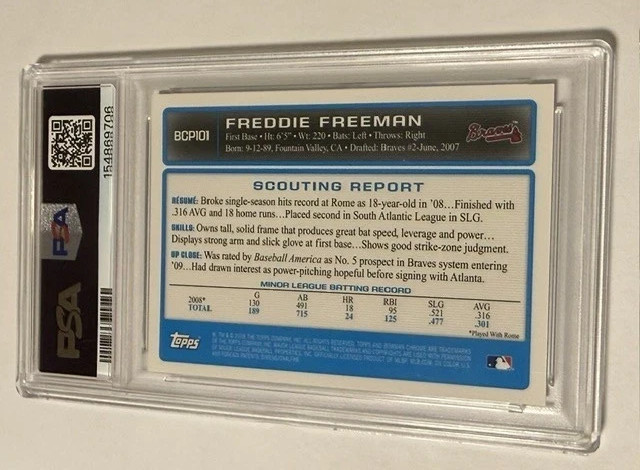 2009 Bowman Prospects AUTOGRAPH card #BCP101 Freddie Freeman - PSA 7 NM-MT view 2