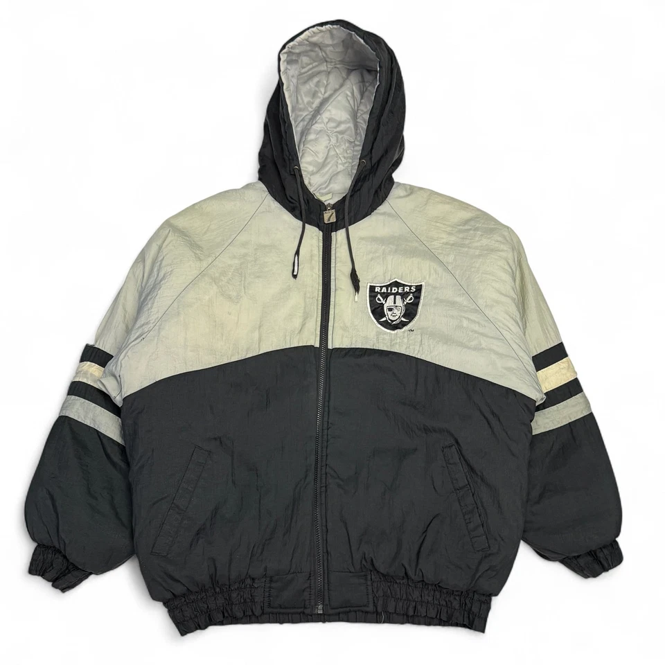 Vintage 90s Oakland Raiders Logo 7 NFL Hooded Jacket Black Gray Men’s L - Image 2 of 4