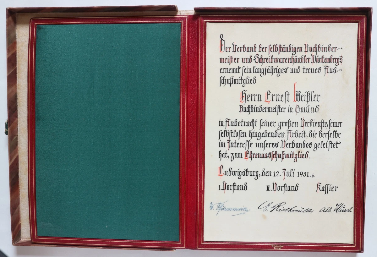 Ehrenurkunde Ludwigsburg Buchbindermeister - von Buchbinder Riethmüller signiert