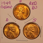 1949 P D S LINCOLN WHEAT CENT PENNY 1C GEM+ RED BU SET (3 COINS) 490555