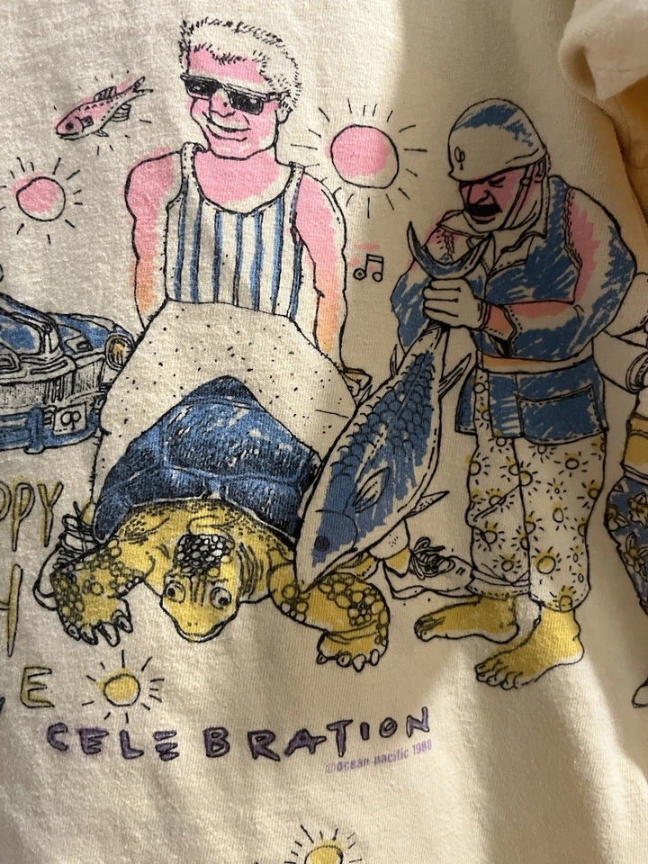 Camisa envolvente vintage rara Ocean Pacific 1988 líderes mundiales Gaddafi Stalin Foto 3 de 4