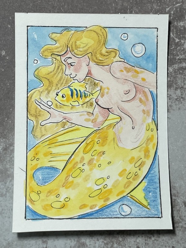  ACEO original ink and watercolor "Yellow Mermaid", 2.5" x 3.5"