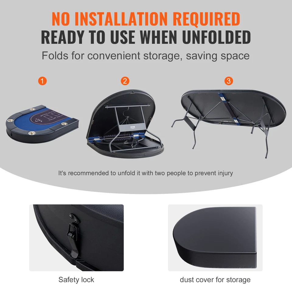 VEVOR Tavolo da Poker Pieghevole 8 Giocatori ca. 183 x 82 x 72 mm Blu/Nero - Immagine 3 di 4