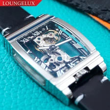 Mens Silver Manual Mechanical Watch Black Oil Waxed Vintage Leather Strap