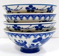 Chinese Porcelain Rice Bowls Blue & White Footed Soup Dessert Set of 4