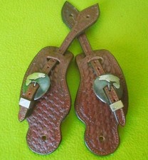 Men's UNUSED Maker Marked PJK Silver BASS FISH Buckle WIDE Tooled SPUR STRAPS