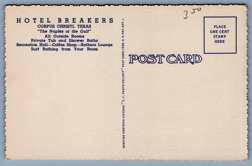 Hotel Breakers Fishing Pier CORPUS CHRISTI Texas Vintage Linen Postcard ~1940s - Picture 2 of 2