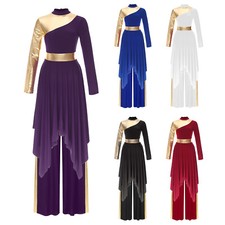 US Women Praise Dance Outfit Asymmetric Worship Dance Dress Pants Liturgical