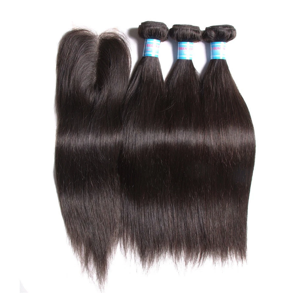 Peruvian Straight Human Hair 3 Bundles With 4"X4" Lace Closure Hair Extensions - Image 2 of 4