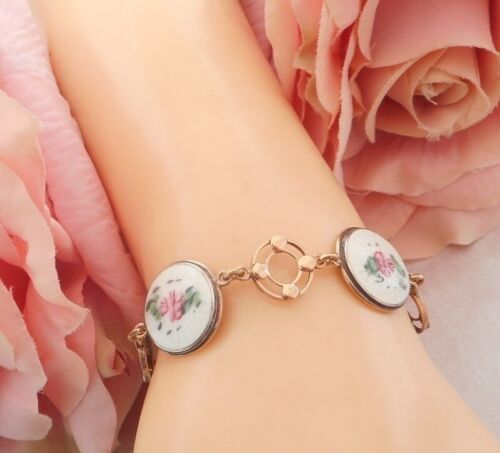 SALE* Gorgeous ANTIQUE 12k ROSE GOLD GF GUILLOCHE PINK ROSE ENAMEL BRACELET 10gm - Picture 9 of 13