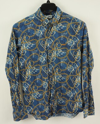 Dario Beltran Spain Men's Large Long Sleeve Blue Gold Chain Button Down Shirt