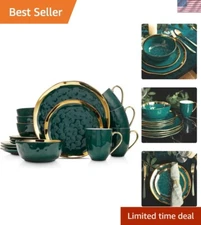 Luxurious Green and Gold 16-Piece Dinnerware Set for Stylish Dining