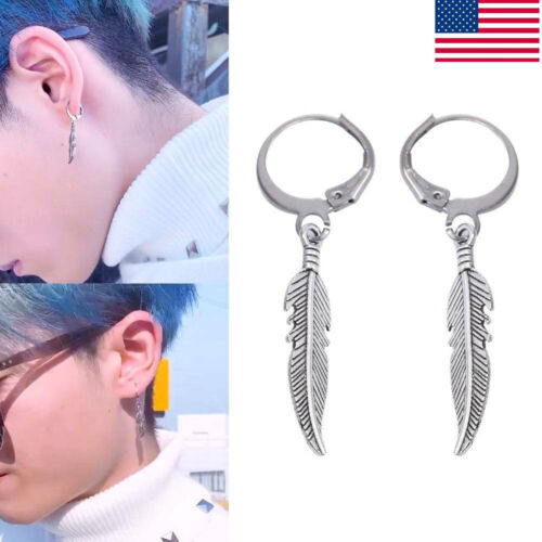 925 SILVER Feather Pendant Hoop Earrings Jewelry Dangle Women/Men Jewelry US HOT