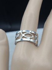 Vintage Open Work fish religious Wide Band Unique Ring 925 Sterling Silver 8.75