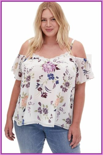 NWT TORRID ( 0X ) L / 12 WHITE FLORAL CRINKLED CHIFFON COLD SHOULDER BLOUSE TOP