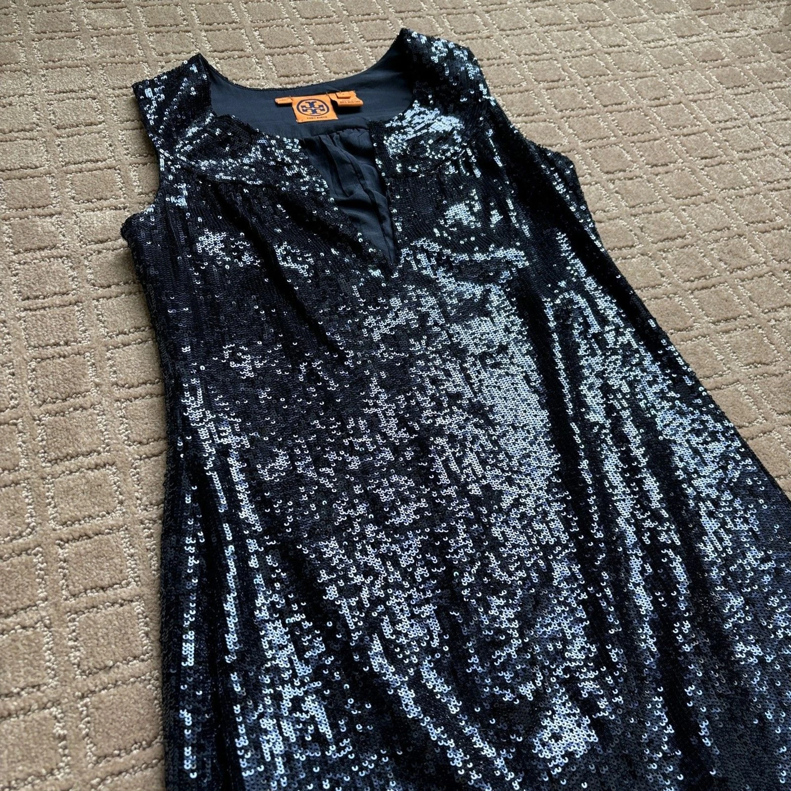 Abito da cocktail Tory Burch paillettes donna 2 maniche metallizzato blu navy seta nuovo di zecca