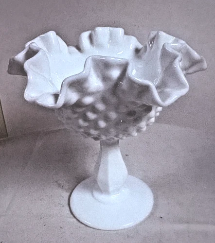 Vintage Fenton Hobnail Milk Glass Compote Pedestal Candy Dish Ruffled Edges