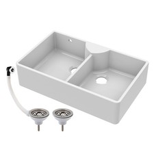 895mm - Two Bowl Fireclay Butler Kitchen Sink -  Stepped Weir, Overflow, ledge &