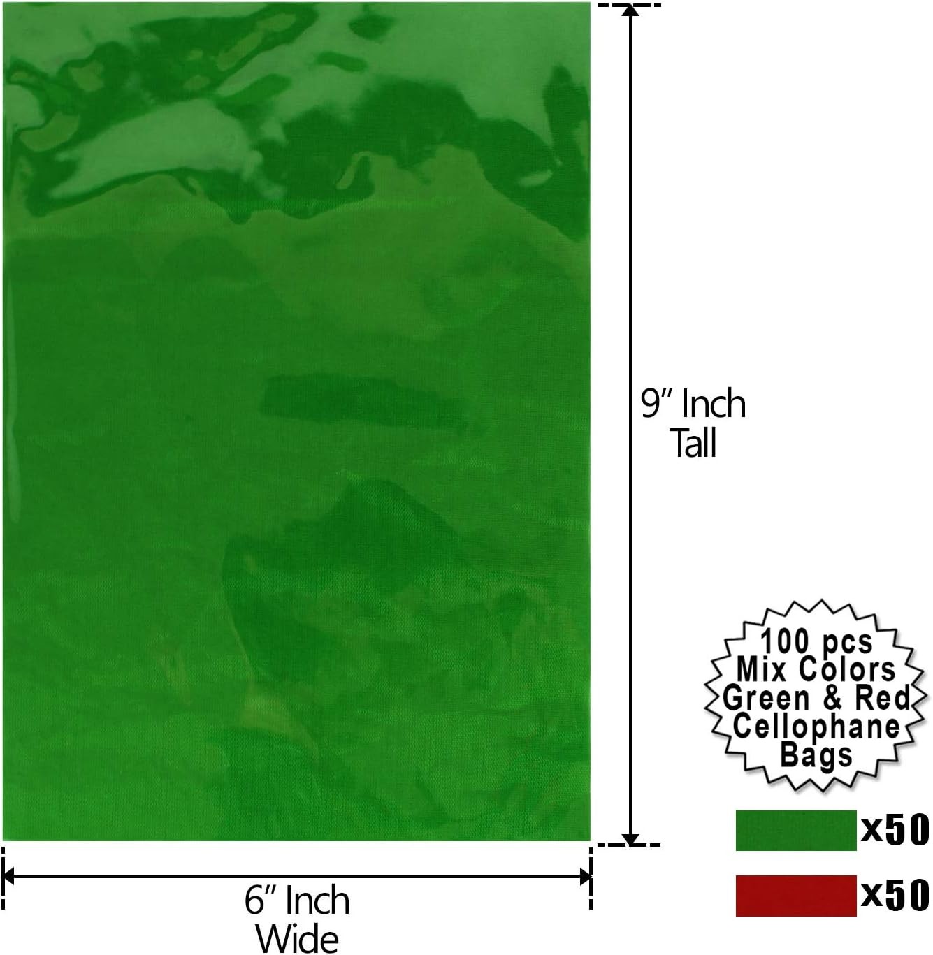100 Pk Red & Green Christmas Cellophane Bags 6x9" Thick 2.5 Mil Ties