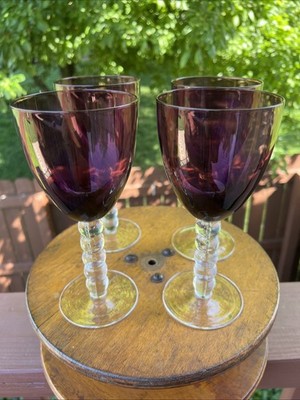 4 Artland Hand Blown Amethyst Purple 5 Ball Stem Wine Glasses 8'' - 12 oz