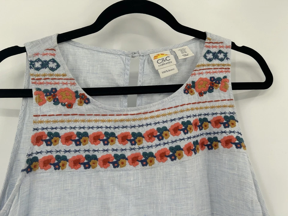 Vestido C&C California Mujer XS Lino Sin Mangas Floral Bordado Boho Verano Foto 4 de 4