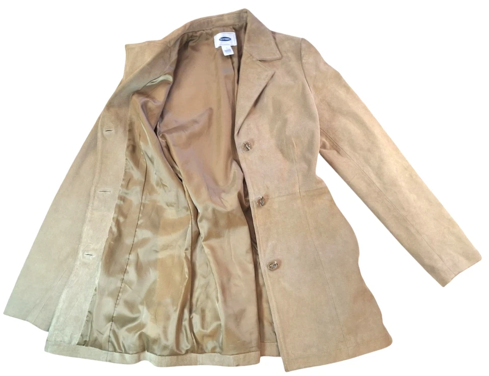Chaqueta con cinturón Old Navy 100 % cuero gamuza para mujer MEDIANA chaquetón color camel Foto 2 de 4