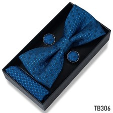 New Floral Blue Tie,Hanky,Cufflinks Set Satin Gentleman Party Prom with Gift Box