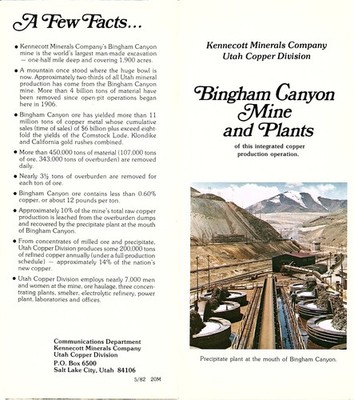 Bingham Canyon Mine & Plants Salt Lake City UT Vintage Travel Leaflet TB29