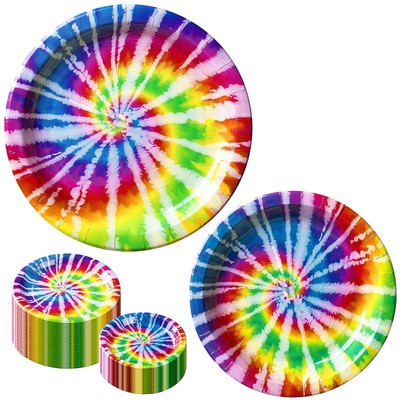 32PCS 9'' and 7'' Tie Dye Plate-Rainbow Disposable Paper Party Plate,Round Hipp...