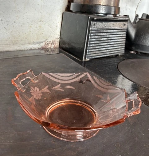 Pink Depression Era Elegant Glass Floral Bowl with Handles