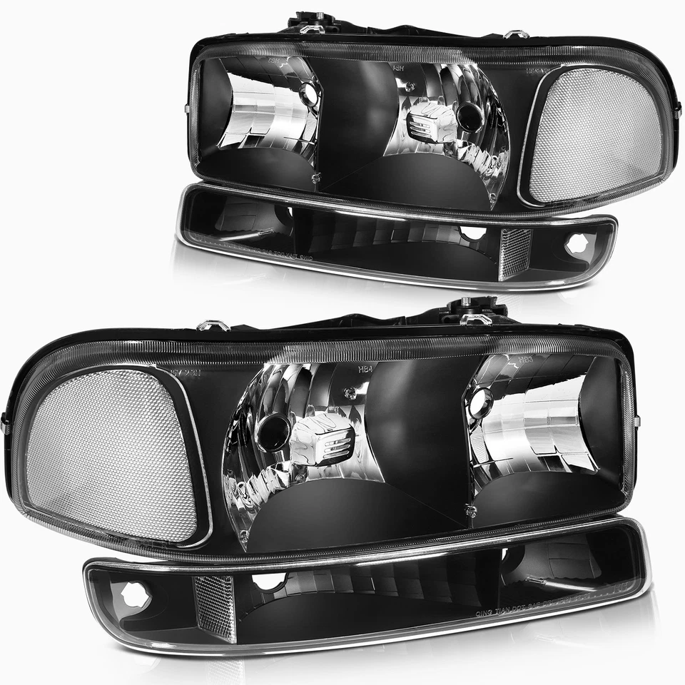 Fits 1999-2006 GMC Sierra Yukon Headlight Assembly Black Housing Left+Right Pair - Image 2 of 4