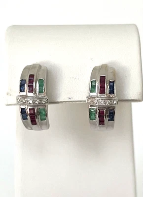 14K WHITE GOLD DIAMOND, EMERALD RUBY SAPPHIRE EARRINGS - Image 1 of 4