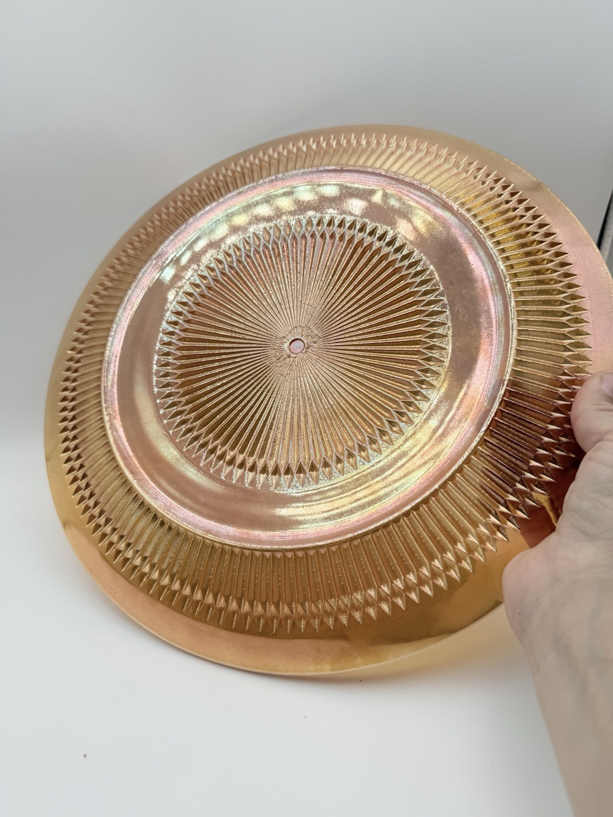 Jeanette Glass Marigold Iridescent Anniversary Platter Carnival