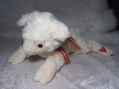 DAKIN 15'' FUZZY WHITE CREAM LAMB SHEEP PLUSH LAYING DOWN GOFFA RED GINGHAM BOW