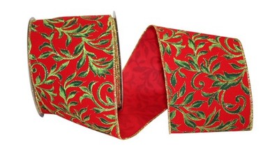 Exquiste Scroll Holiday Wired Edge Ribbon, 4 Inch X 10 Yards, Red/green