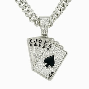 Authentic Men's Hip Hop Iced Out Poker Card Pendant Necklace 14k White Gold Plated